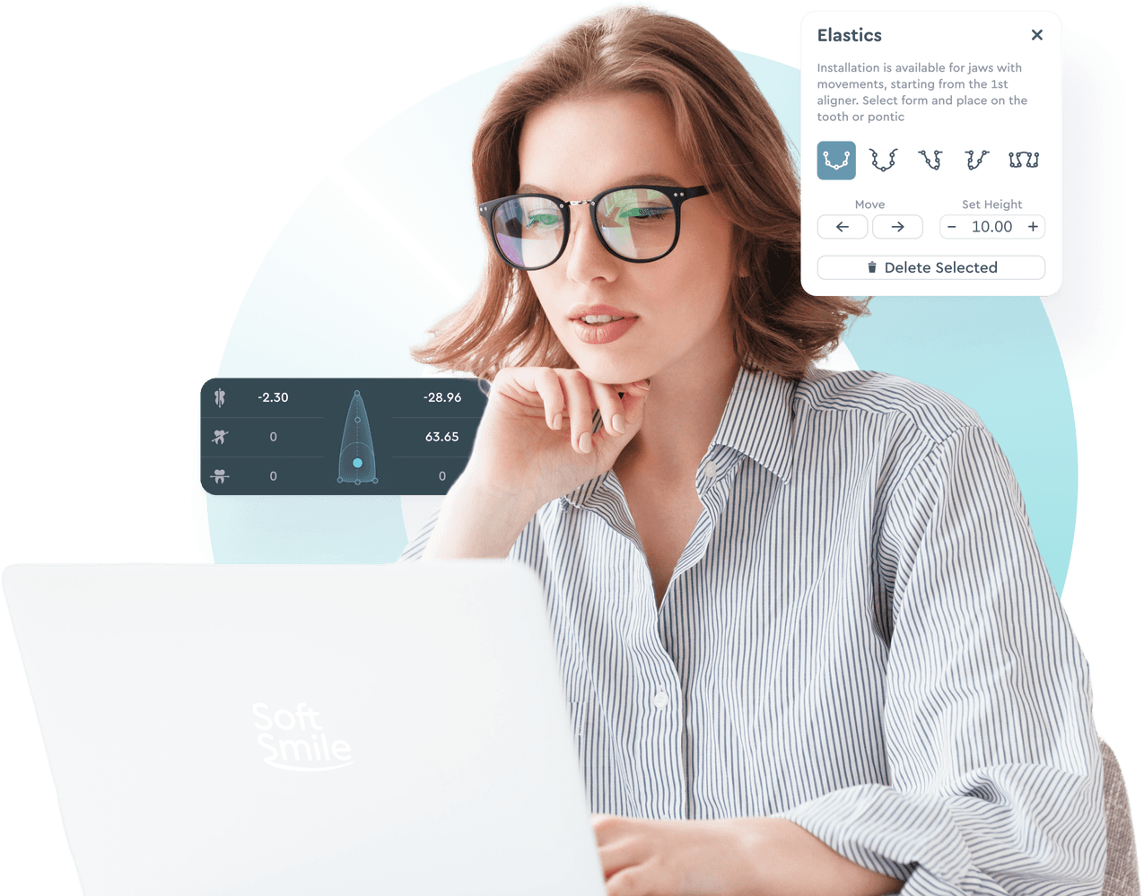 SoftSmile design expert reviewing 3D clear aligner treatment plan on computer